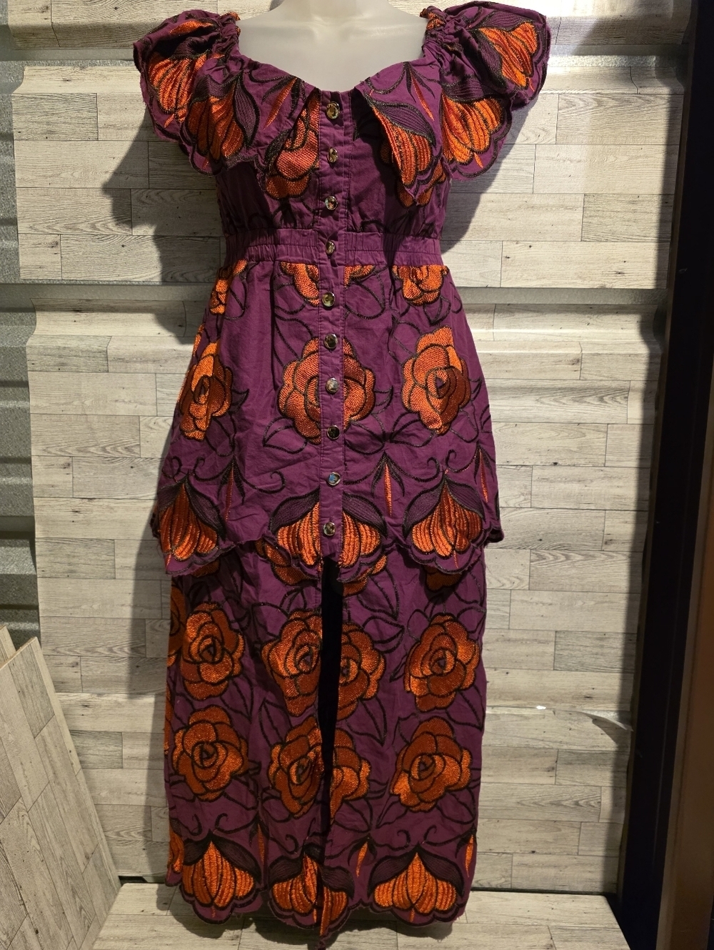 Embroidered Purple Dress with Orange Floral Detail